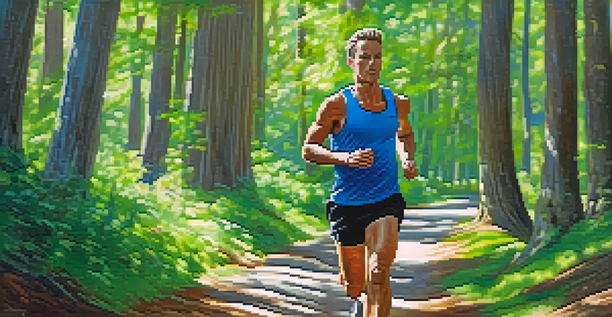 A focused runner in a blue tank top and black shorts running on a forest trail with sunlight filtering through the trees.