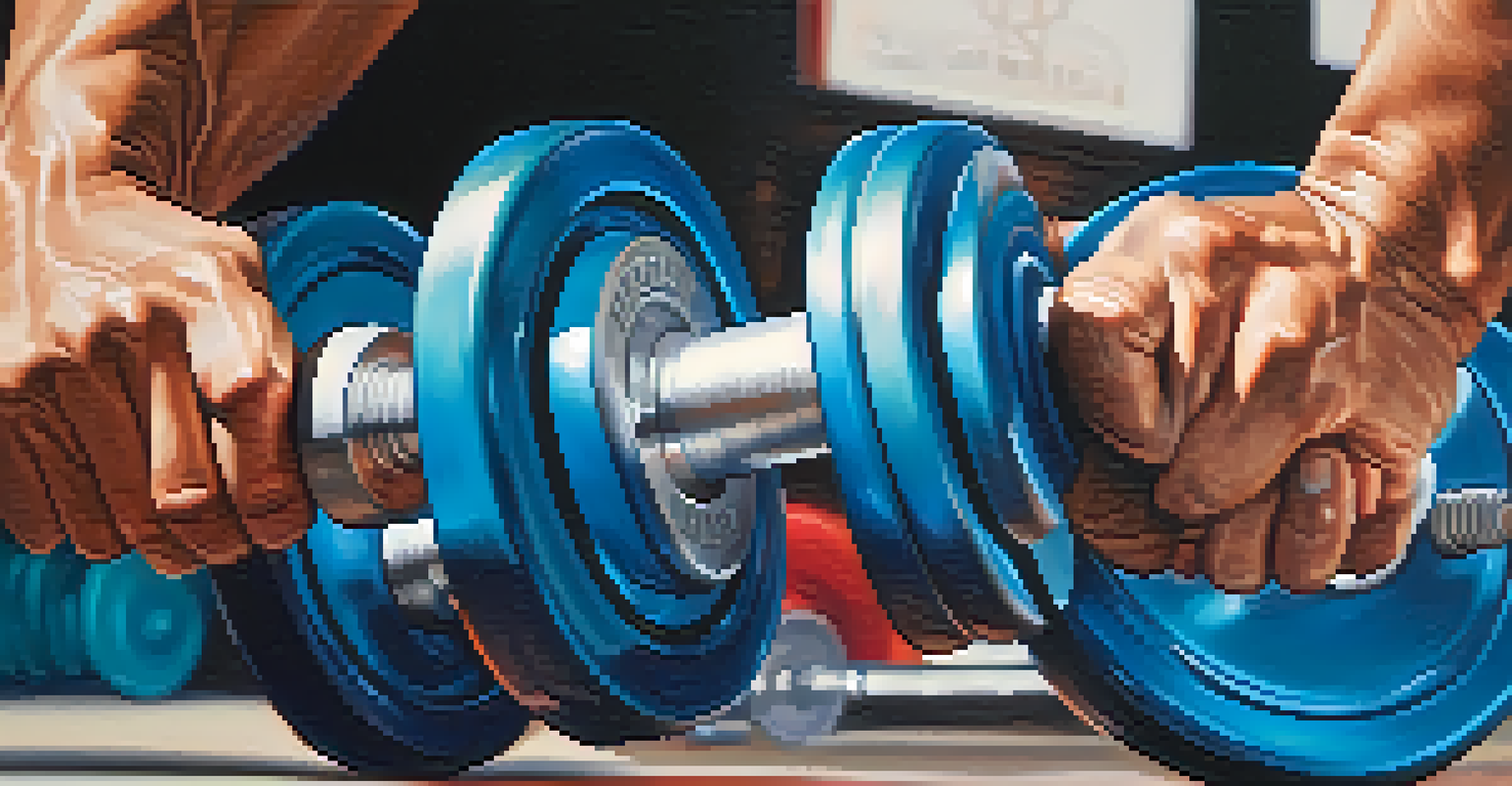 Close-up of strong hands gripping a dumbbell in a gym, with blurred equipment in the background.