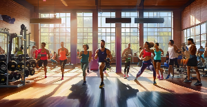 A diverse group of individuals working out together in a bright gym, filled with energy and motivation.