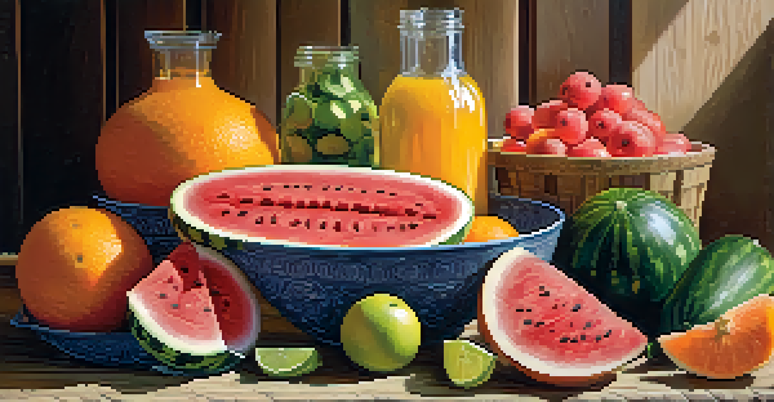 A variety of hydrating fruits and vegetables on a wooden table, including watermelon, cucumbers, and oranges.