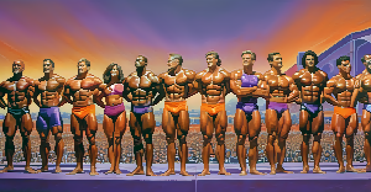 Diverse athletes posing on stage at an outdoor bodybuilding competition during sunset.