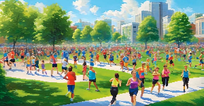 A diverse group of people participating in a community fitness challenge in a sunny park, with colorful banners and supportive spectators.