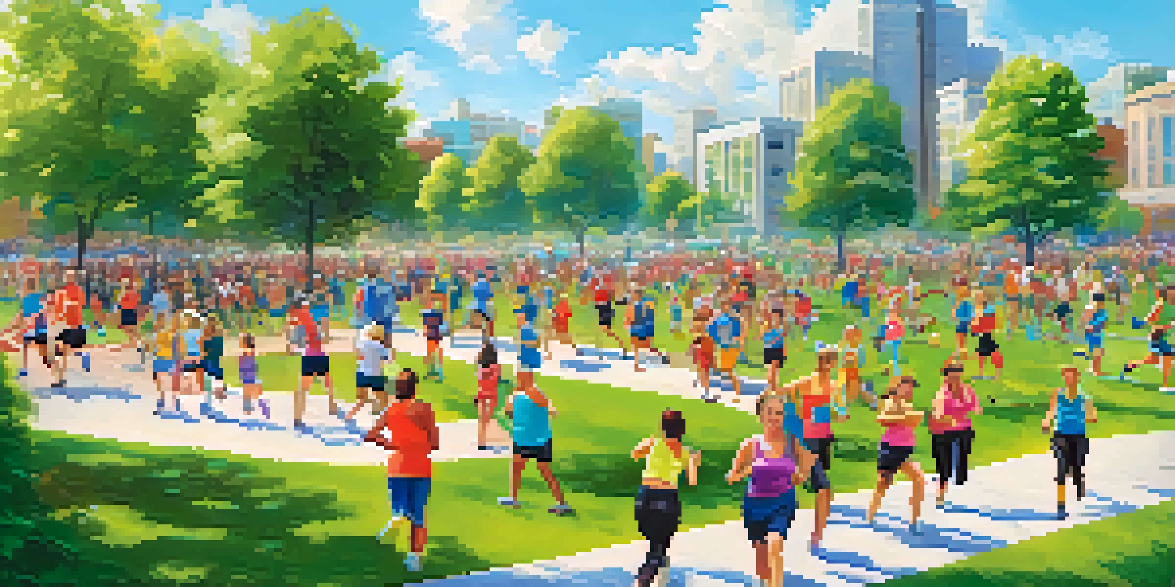A diverse group of people participating in a community fitness challenge in a sunny park, with colorful banners and supportive spectators.