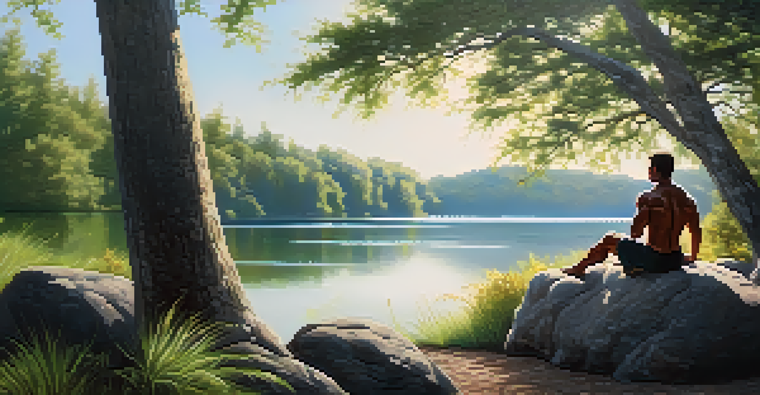 An athlete practicing visualization techniques outdoors, sitting by a lake surrounded by trees, emphasizing calmness and focus before a competition.