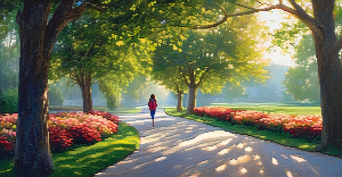 A person walking on a tree-lined path during the golden hour, dressed in athletic wear, surrounded by greenery and colorful flowers.