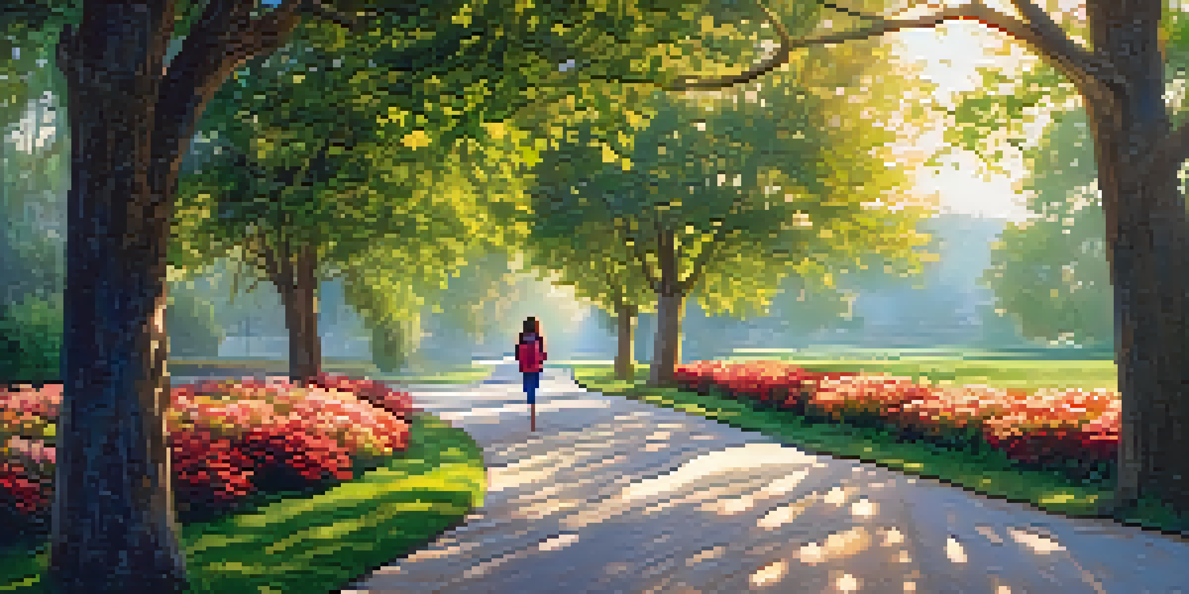 A person walking on a tree-lined path during the golden hour, dressed in athletic wear, surrounded by greenery and colorful flowers.