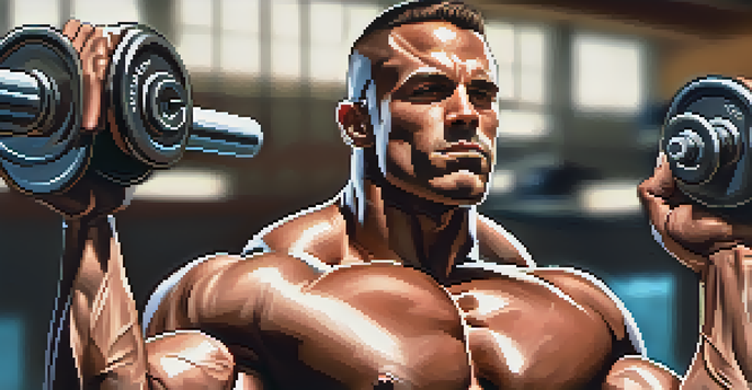 A bodybuilder lifting weights in a gym, with a water bottle nearby, highlighting muscular definition and a bright atmosphere.