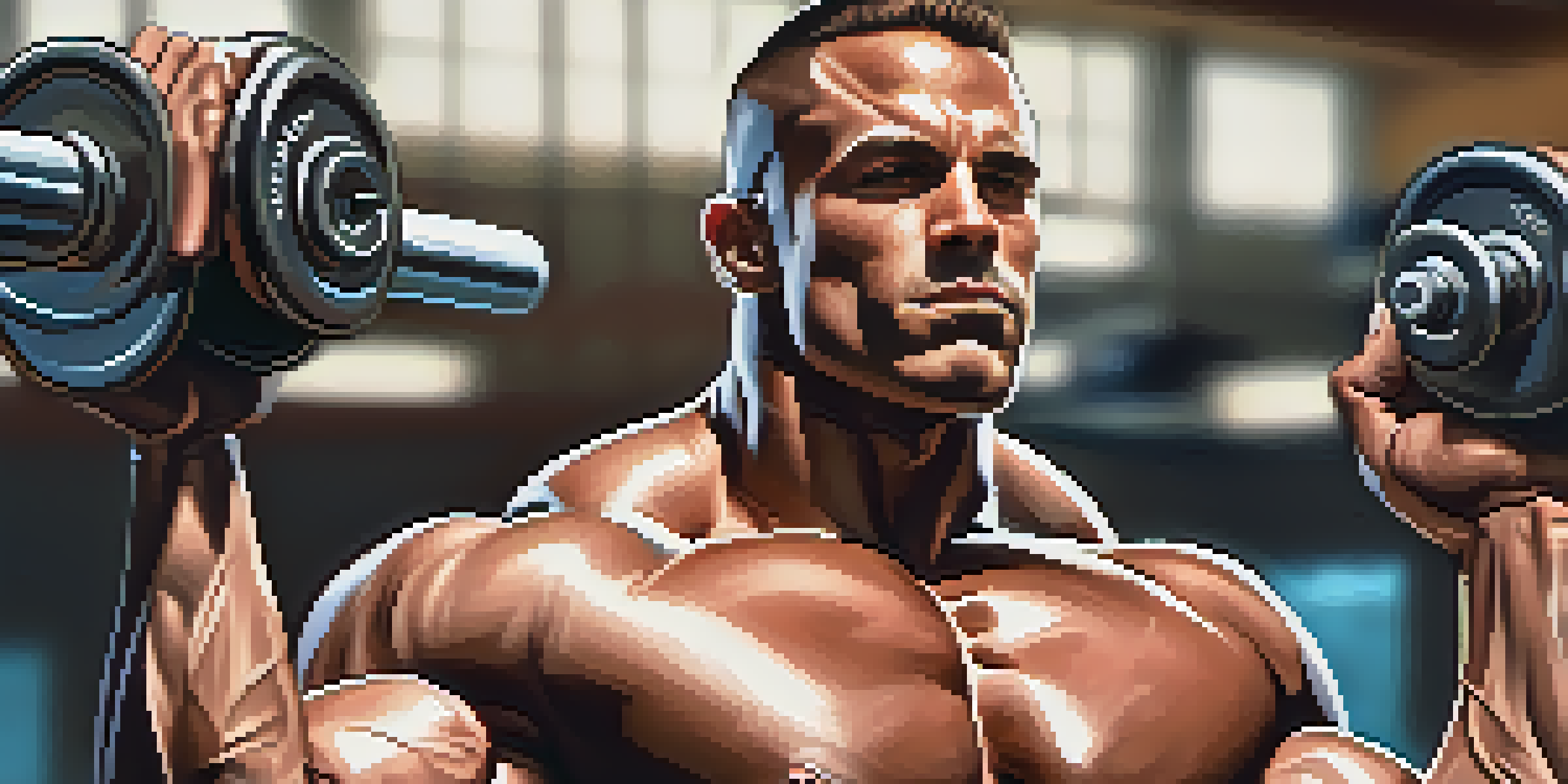 A bodybuilder lifting weights in a gym, with a water bottle nearby, highlighting muscular definition and a bright atmosphere.