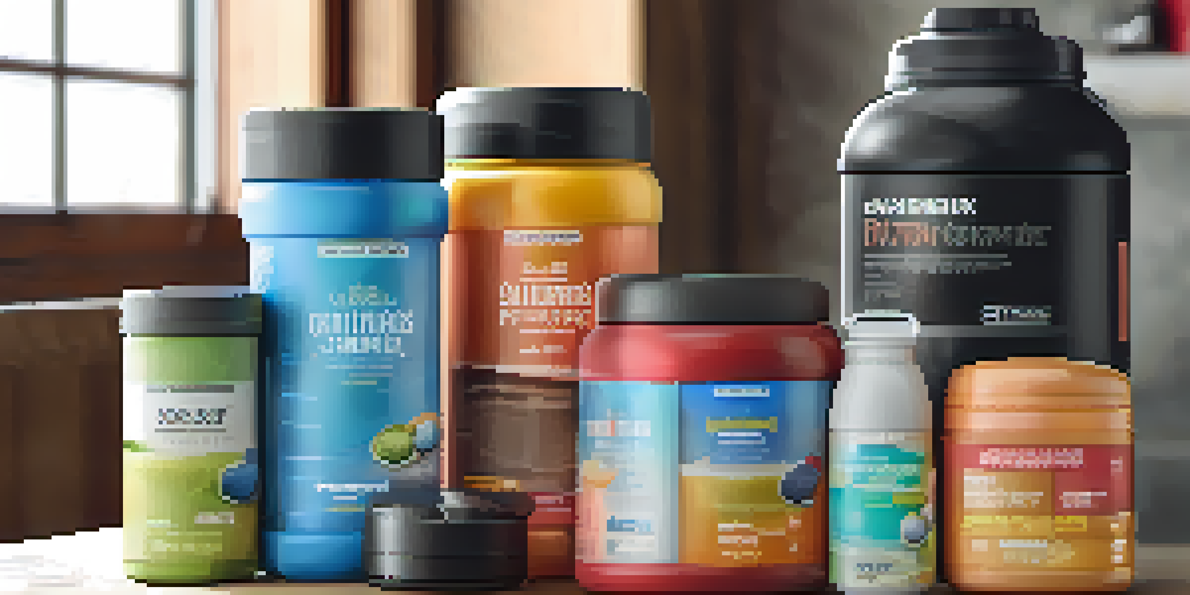 A travel kit for bodybuilders with protein powders and supplements in a gym setting.