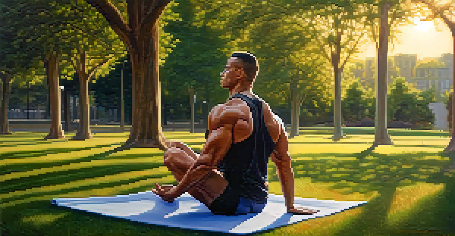 A bodybuilder meditating on a yoga mat in a park during sunset, highlighting the importance of rest and recovery.