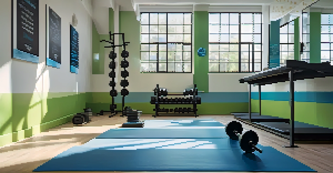 A peaceful gym space filled with natural light, featuring weights, a bench, and a yoga mat, decorated with motivational quotes.