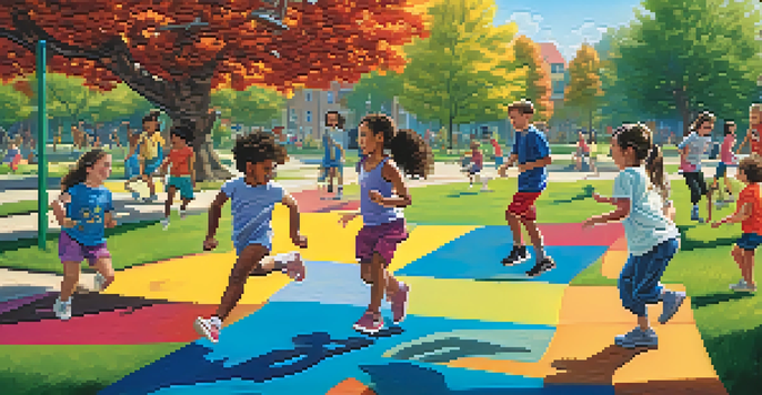 A group of diverse children playing and exercising in a sunny park, surrounded by playground equipment and trees, showcasing a joyful atmosphere.