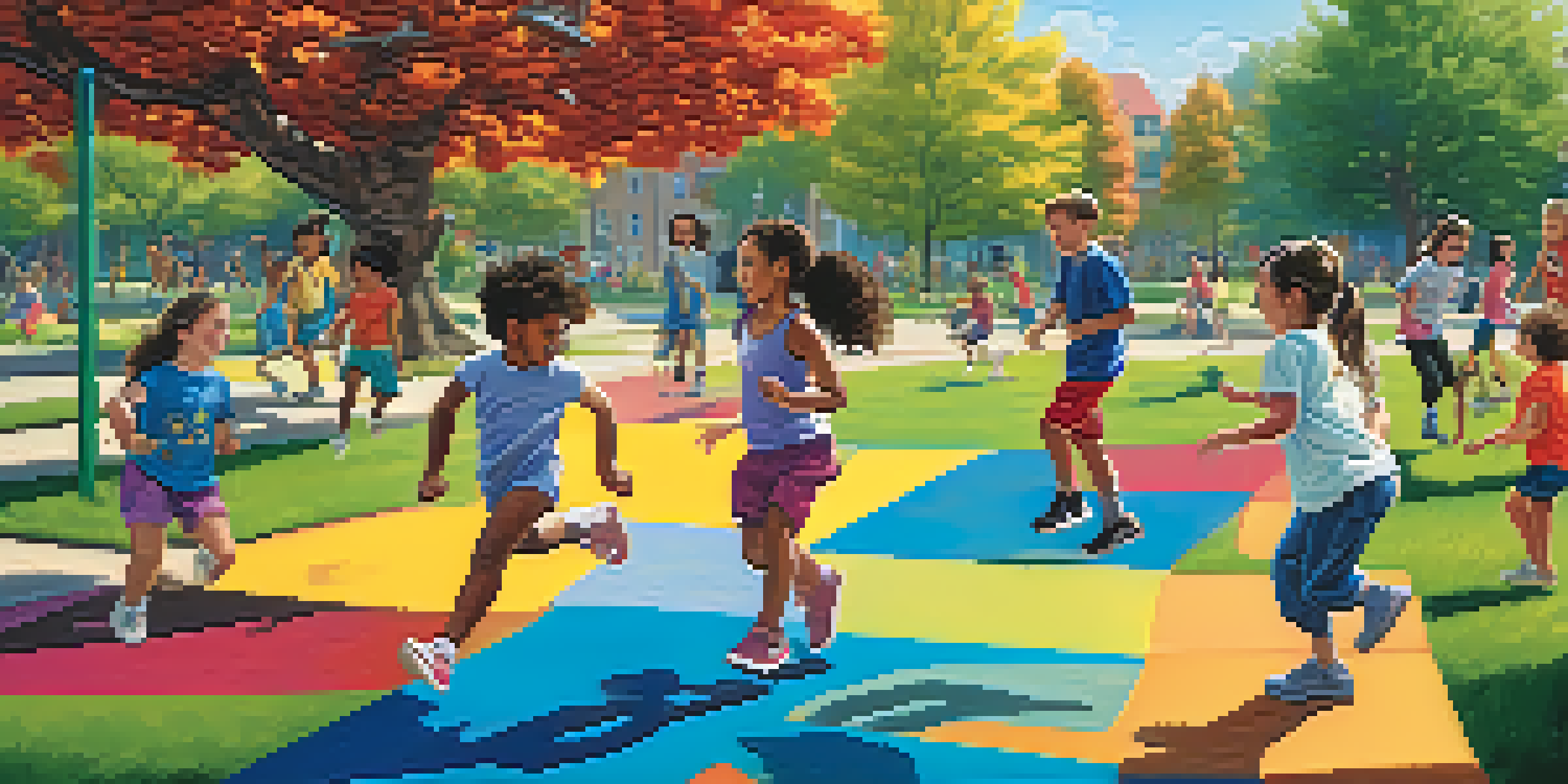 A group of diverse children playing and exercising in a sunny park, surrounded by playground equipment and trees, showcasing a joyful atmosphere.