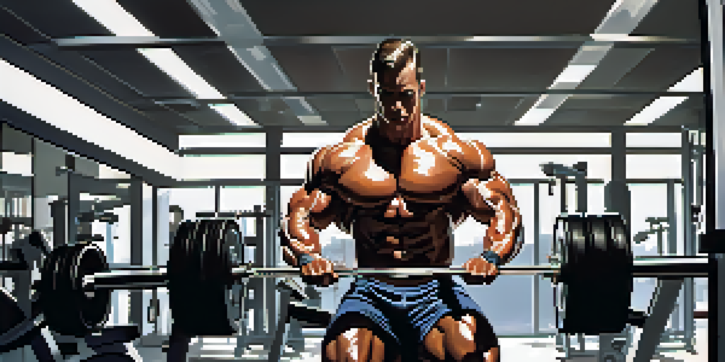 A bodybuilder lifting weights in a gym, showing determination and strength.