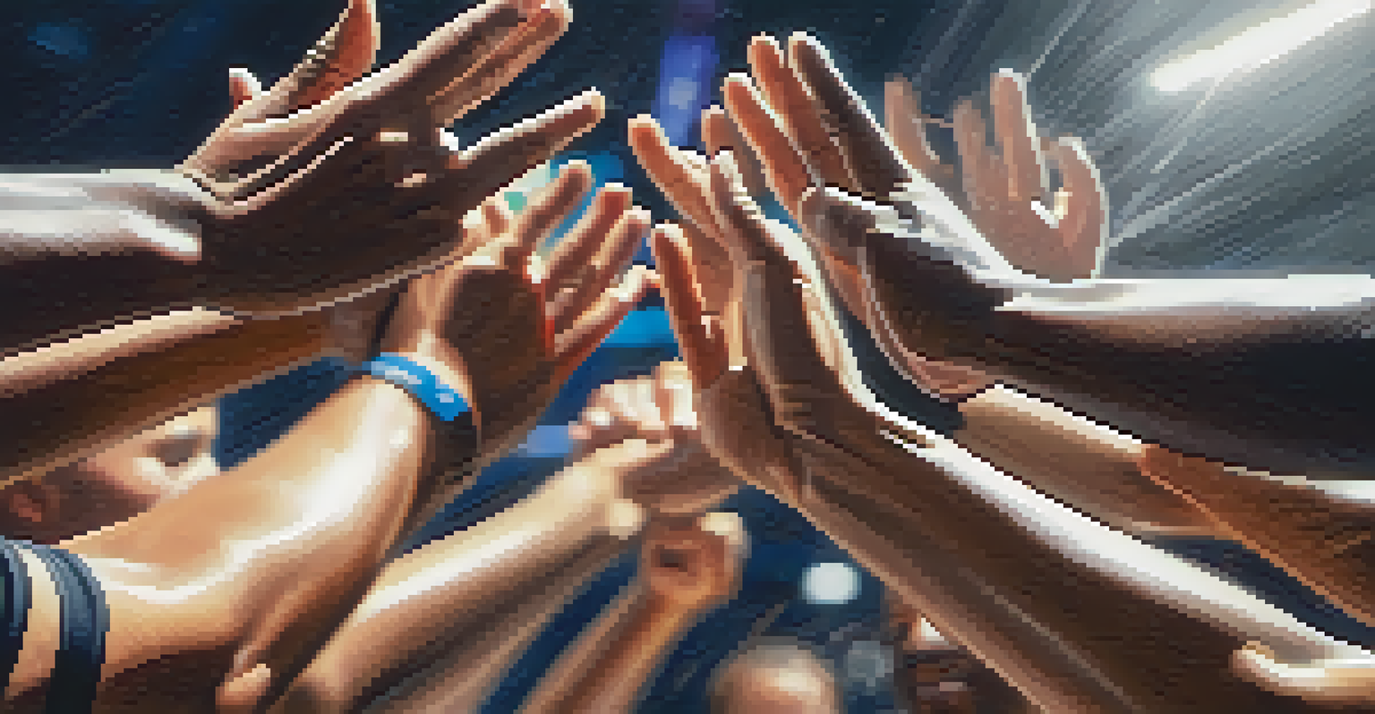 Close-up of different hands high-fiving each other in a gym, celebrating a successful workout.