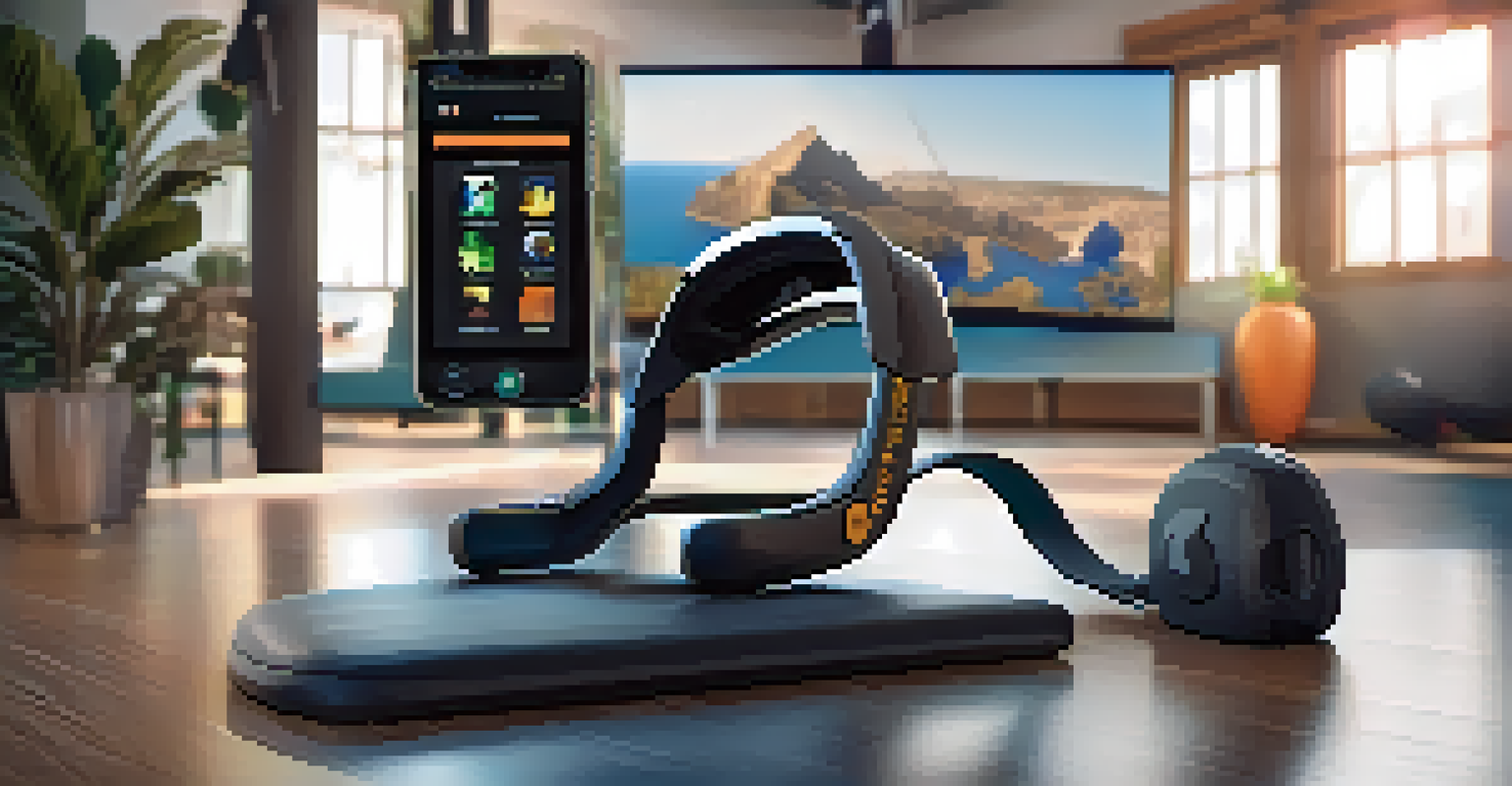 A VR headset on a workout bench with a training app on a screen, surrounded by fitness equipment.