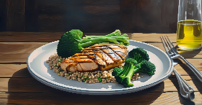 A balanced bodybuilding meal with grilled chicken, quinoa, and vegetables, beautifully arranged on a rustic table.