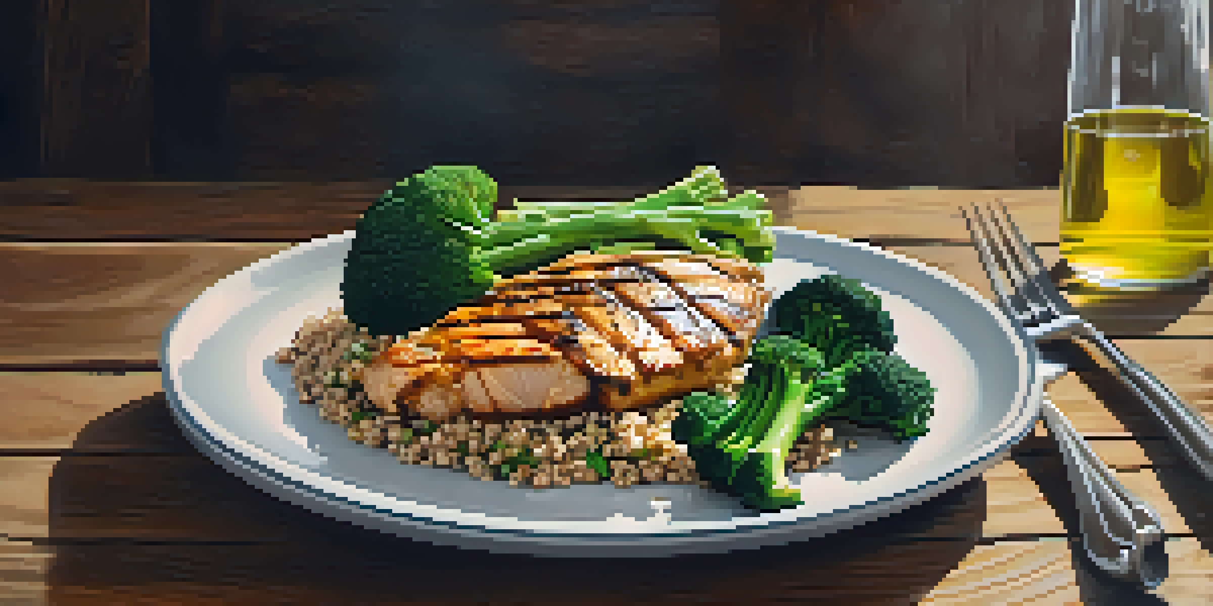 A balanced bodybuilding meal with grilled chicken, quinoa, and vegetables, beautifully arranged on a rustic table.