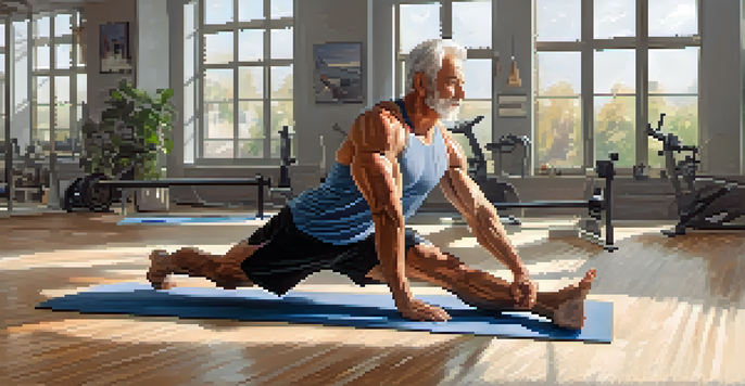 An older bodybuilder stretching in a sunlit fitness studio with yoga mats and weights in the background.