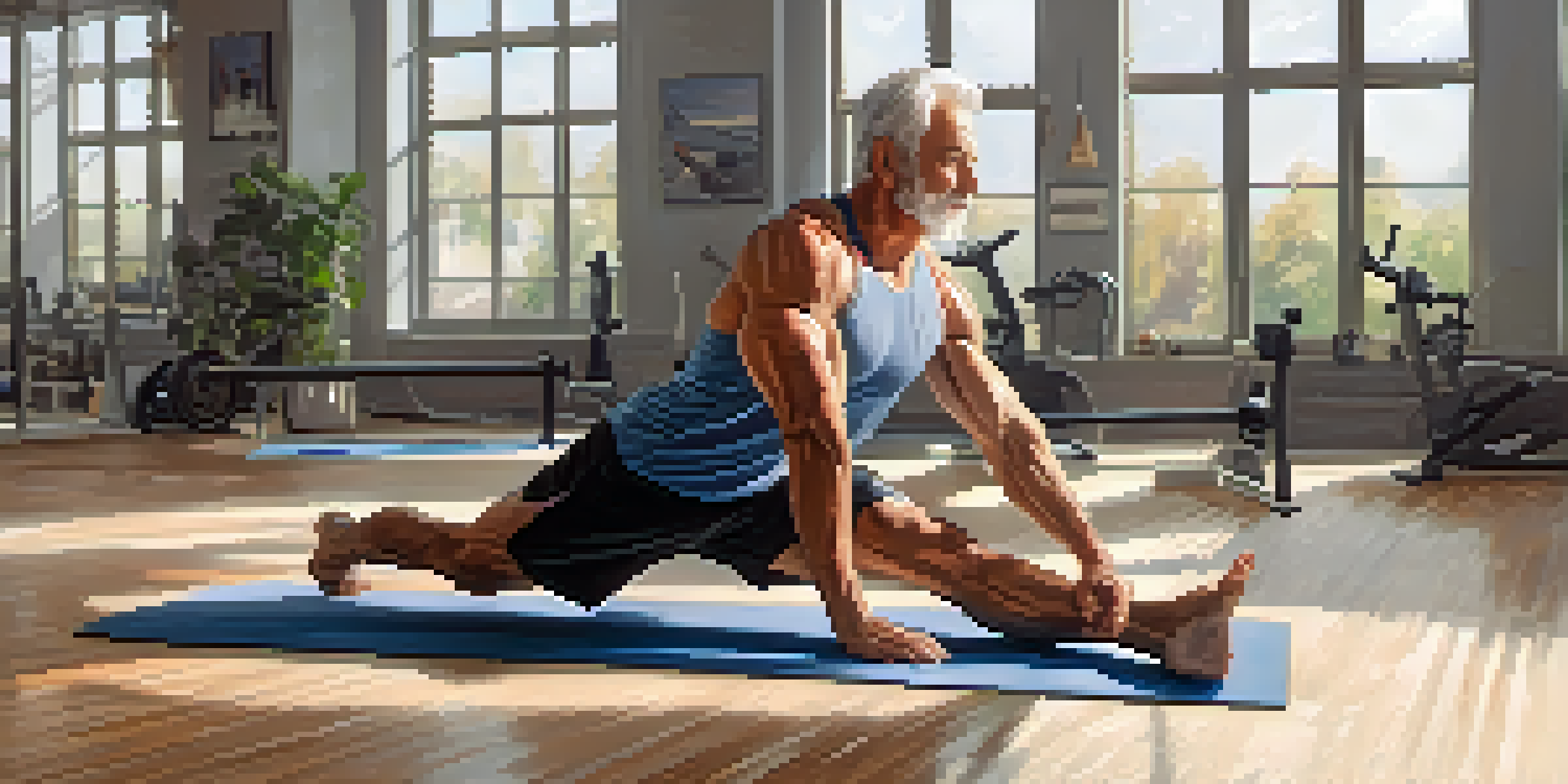 An older bodybuilder stretching in a sunlit fitness studio with yoga mats and weights in the background.