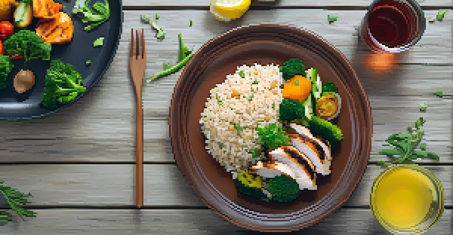 An overhead view of a nutritious meal featuring grilled chicken, brown rice, and vegetables, with a glass of lemon water.
