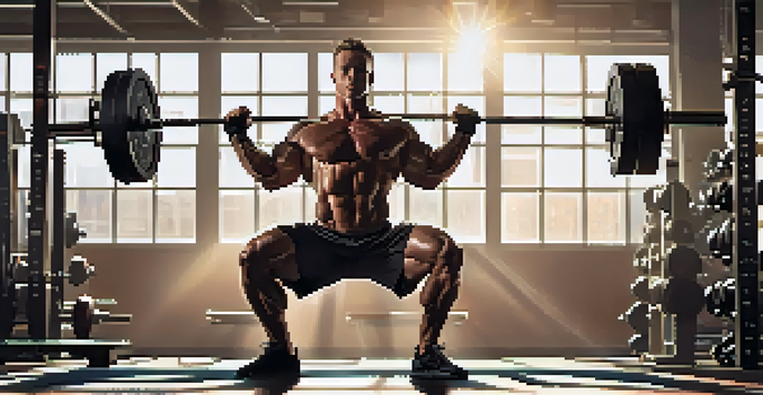 A determined bodybuilder squatting with proper form in a bright, modern gym filled with weights and equipment.
