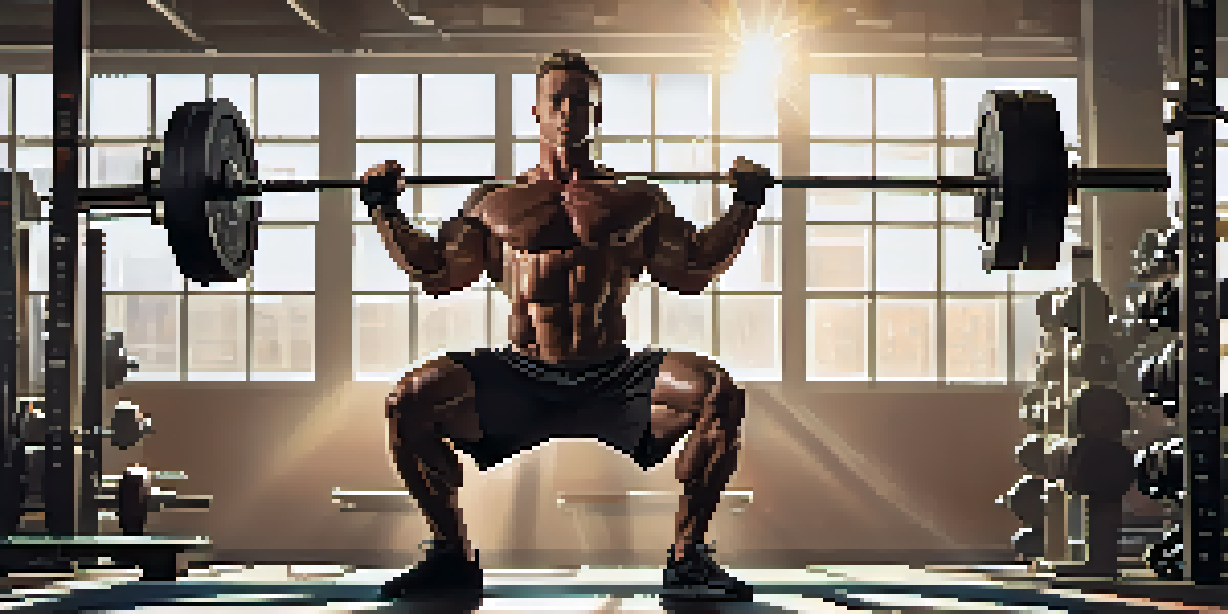 A determined bodybuilder squatting with proper form in a bright, modern gym filled with weights and equipment.