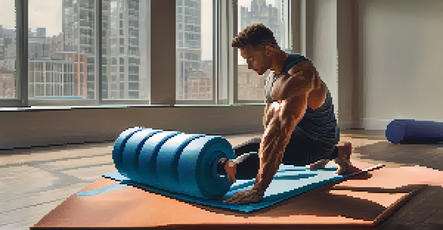 A close-up of a foam roller on a yoga mat, with a bodybuilder's hand reaching for it in a bright exercise room.