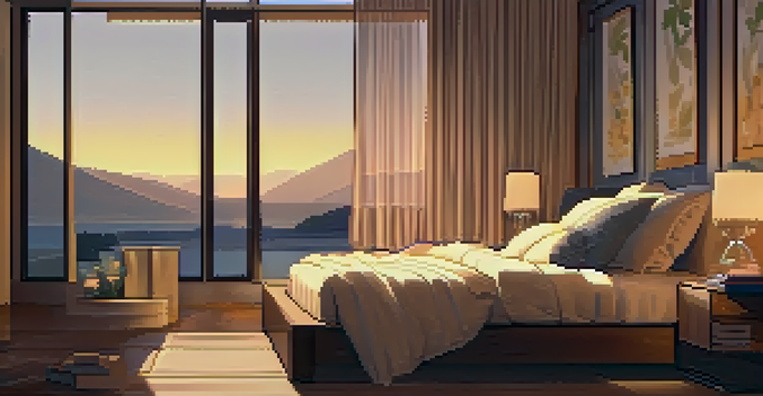 A cozy bedroom with a well-made bed, soft pillows, and warm lighting, creating a peaceful atmosphere for sleep.