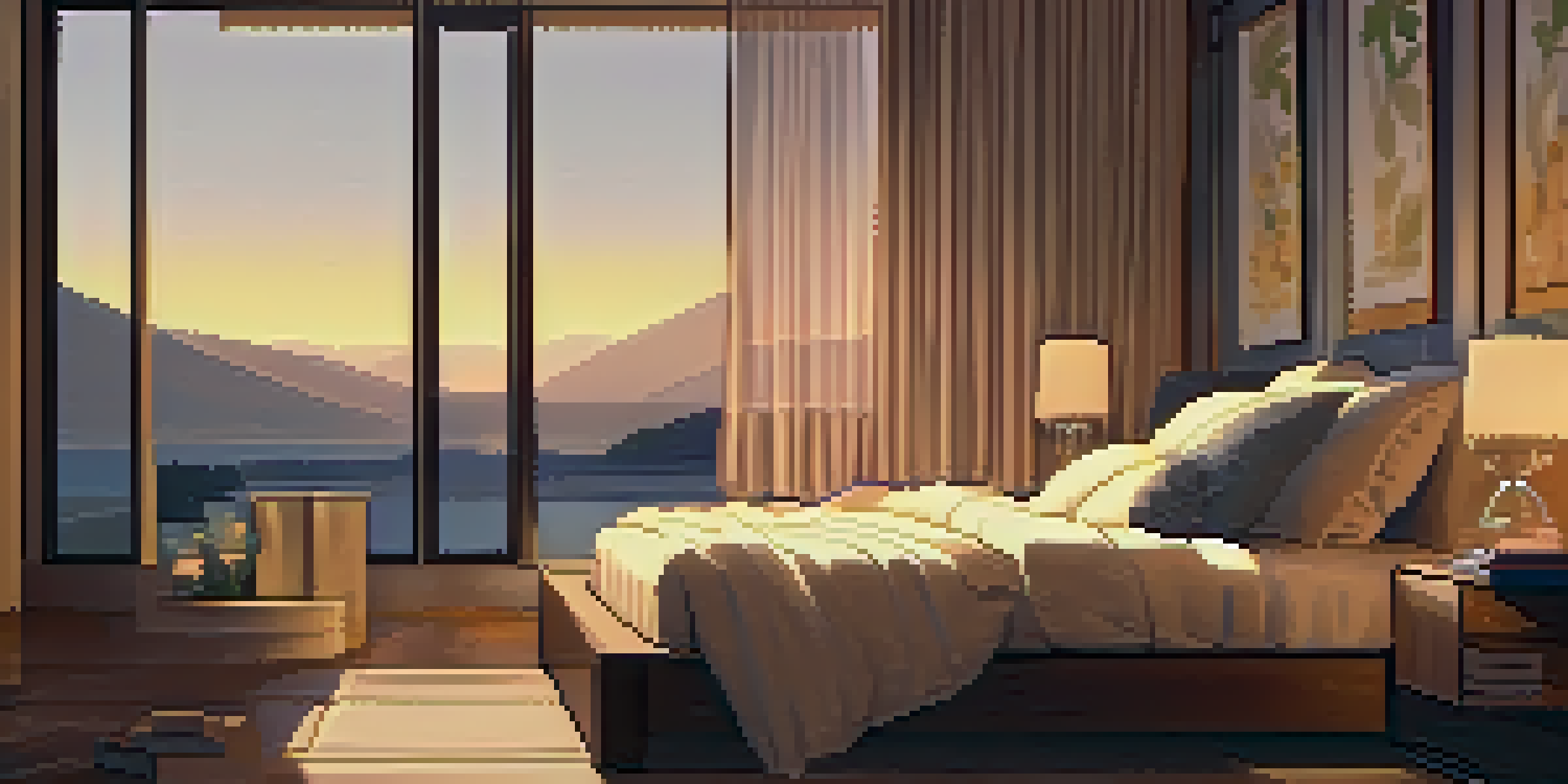 A cozy bedroom with a well-made bed, soft pillows, and warm lighting, creating a peaceful atmosphere for sleep.