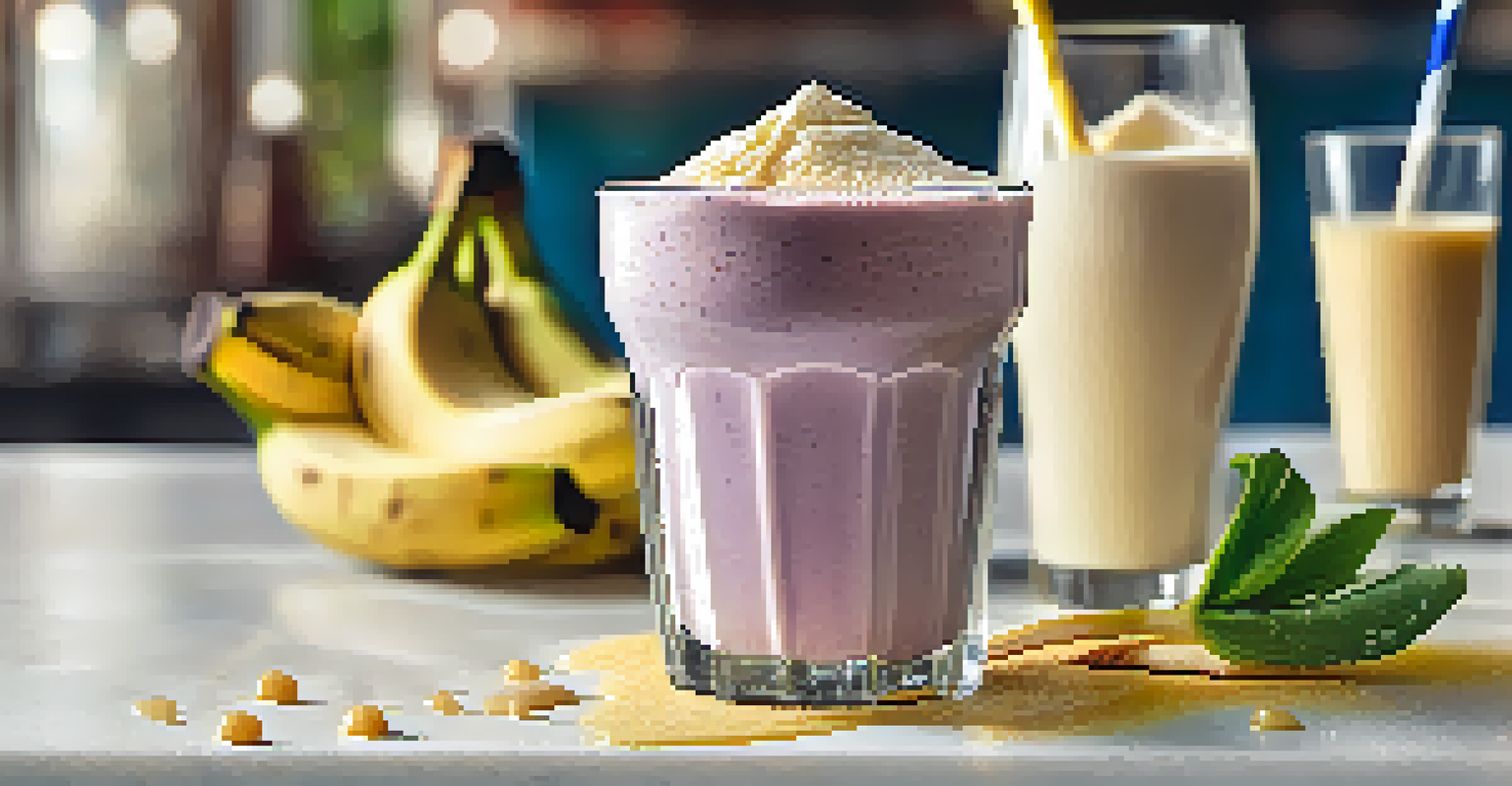 A close-up of a protein shake being poured into a glass, with whey powder and a banana in the background.