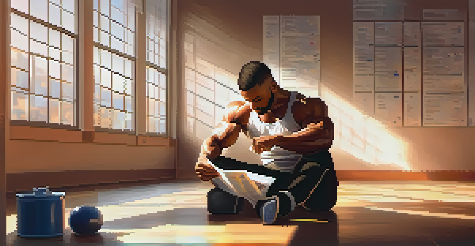 A bodybuilder sitting on the gym floor, looking at their training log, surrounded by warm lighting and motivational quotes.