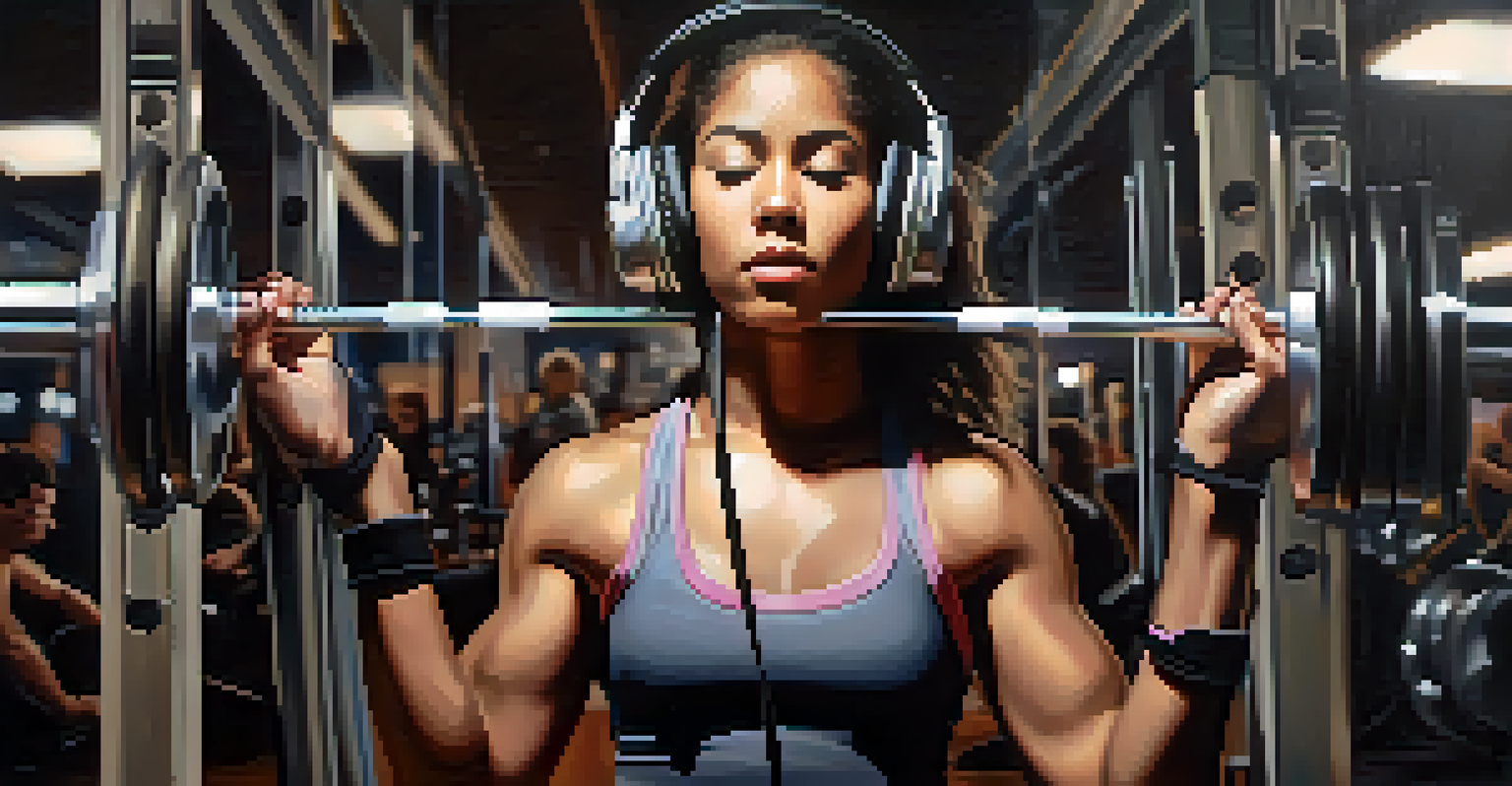 A close-up of a focused individual lifting weights, wearing headphones, with soft lighting accentuating their muscles.