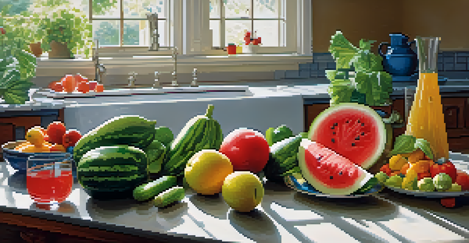 A colorful arrangement of fresh fruits and vegetables on a kitchen counter, with a glass of water beside them, showcasing hydration.