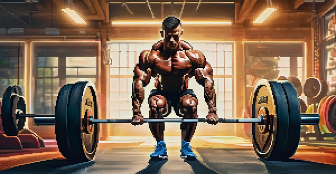 A bodybuilder lifting weights in a gym with bright lighting, surrounded by colorful gym equipment and motivational posters.