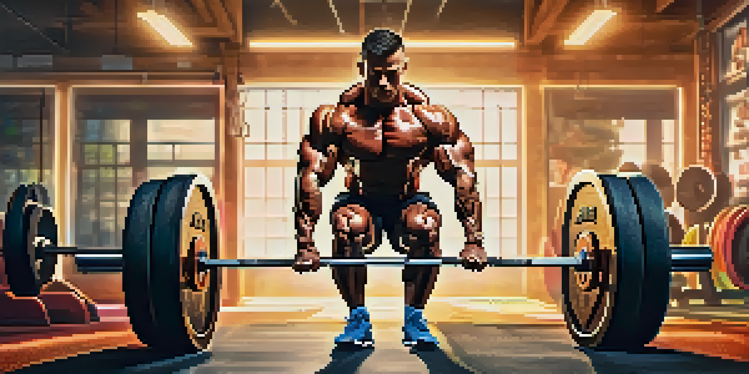 A bodybuilder lifting weights in a gym with bright lighting, surrounded by colorful gym equipment and motivational posters.