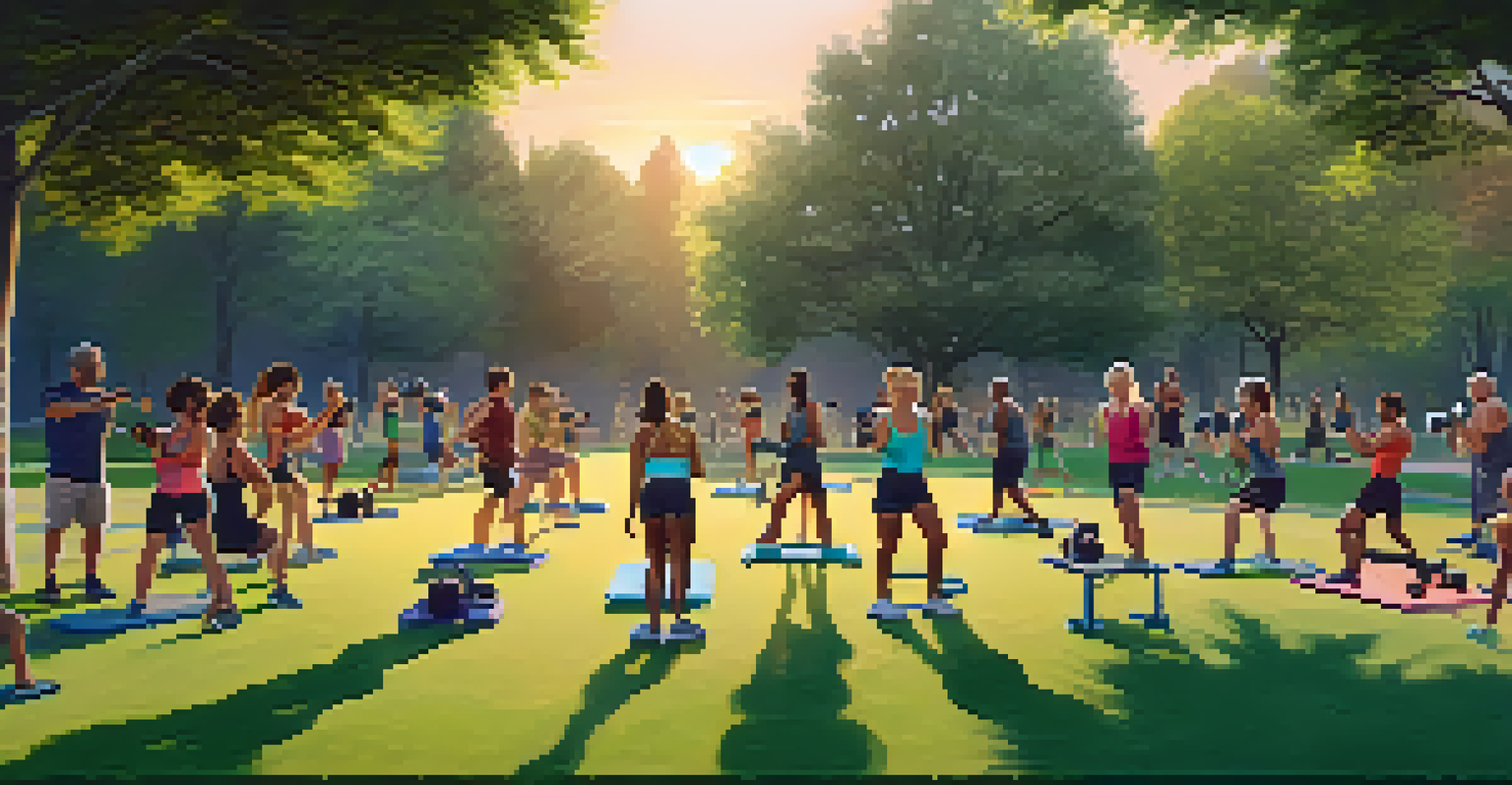 A fitness class in a park with people of various ages exercising during sunset, surrounded by trees.