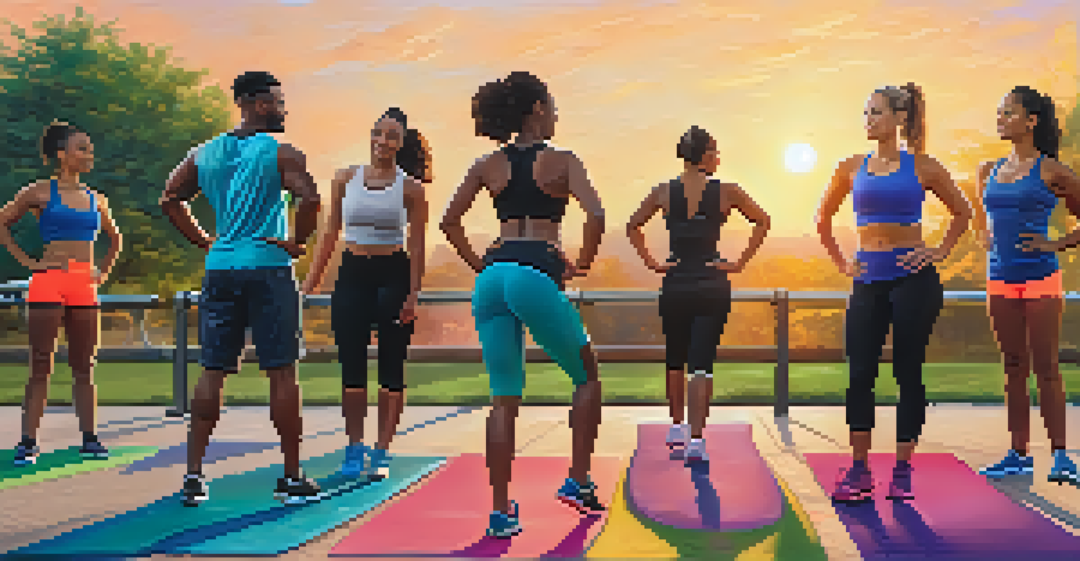 A diverse group of individuals working out together in a park during sunset, showcasing teamwork and motivation.