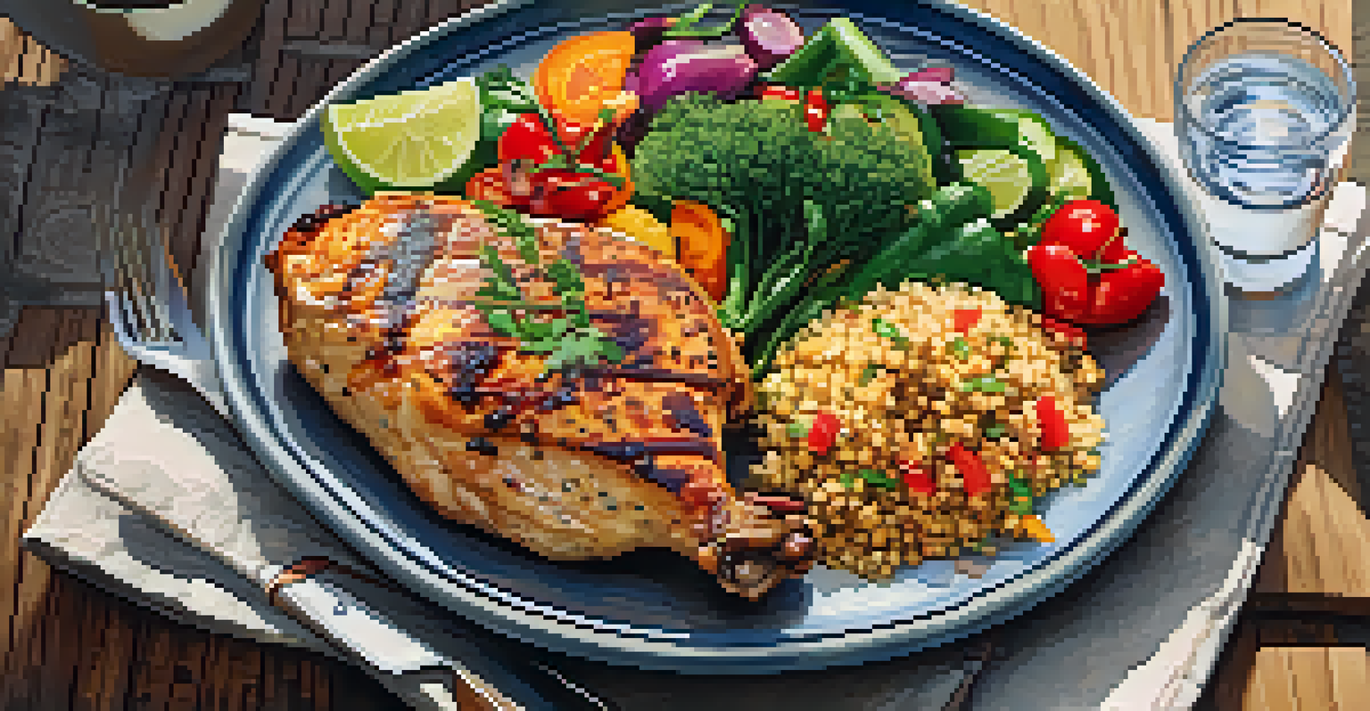 A healthy meal featuring grilled chicken, quinoa, and colorful vegetables on a rustic wooden table, with a glass of water.