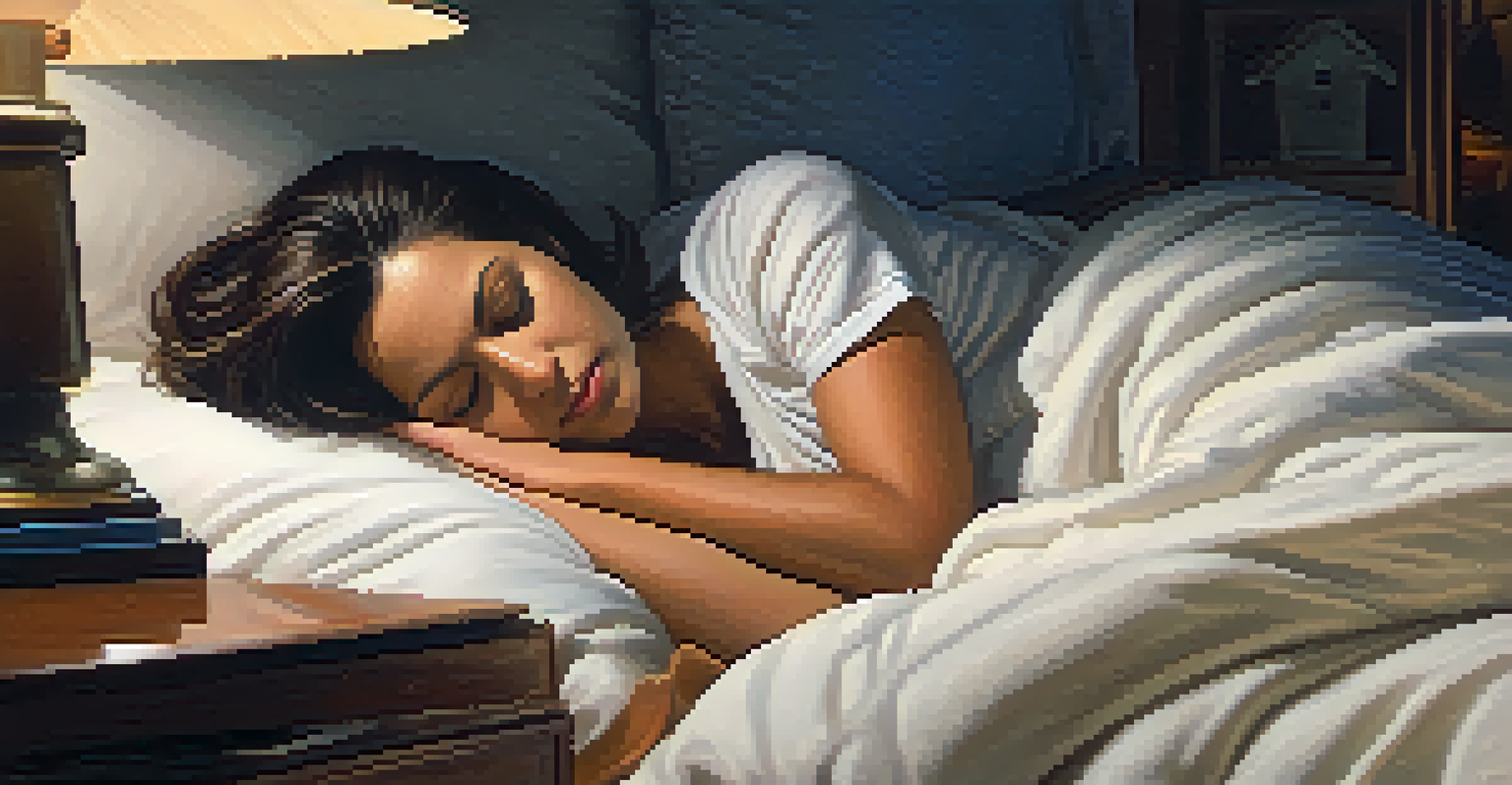 A person sleeping soundly in a cozy bedroom with soft pillows and blankets, illuminated by a bedside lamp.
