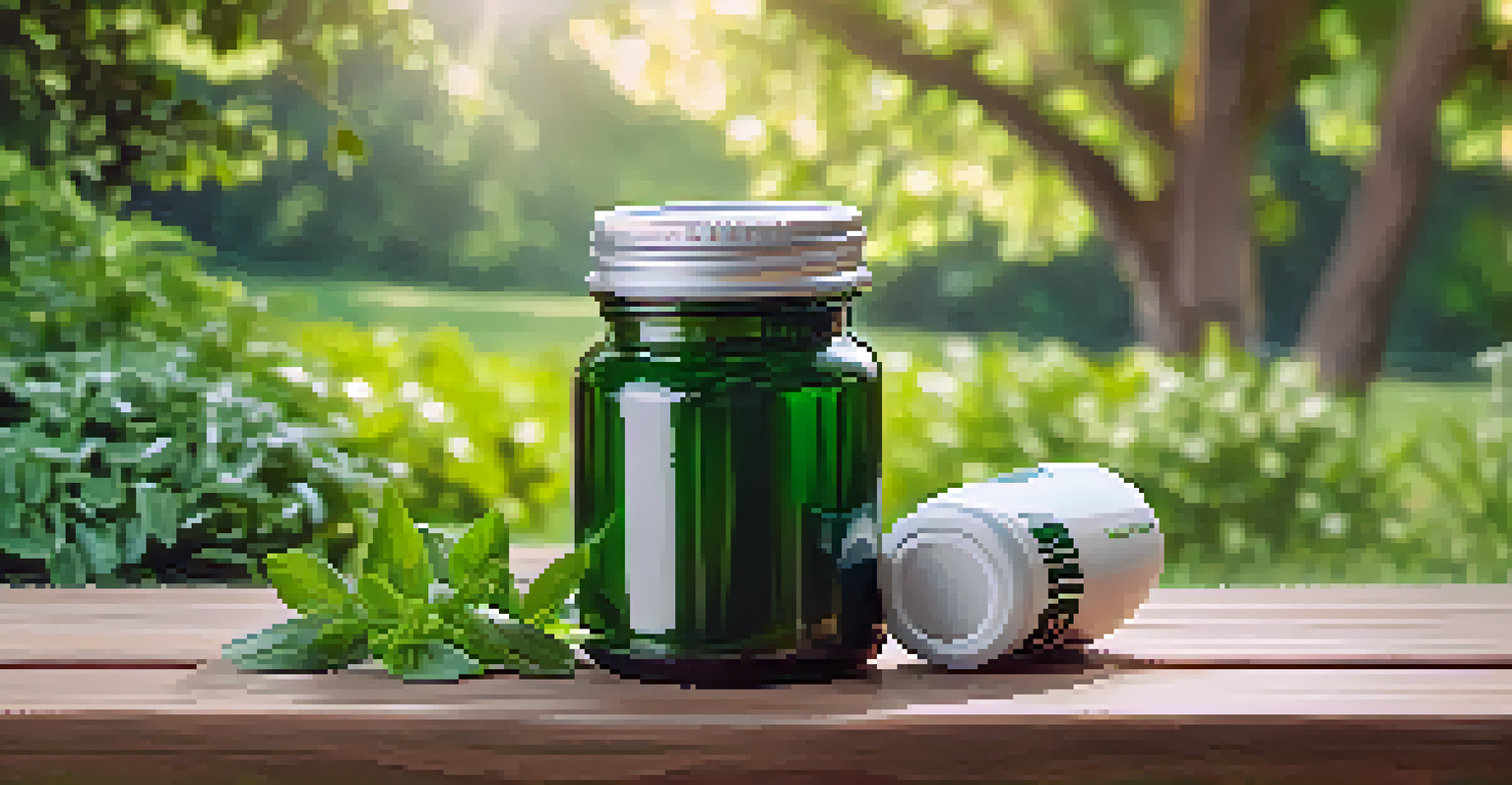 A bottle of natural testosterone booster on a picnic table surrounded by fresh herbs in a lush garden, symbolizing health and wellness.