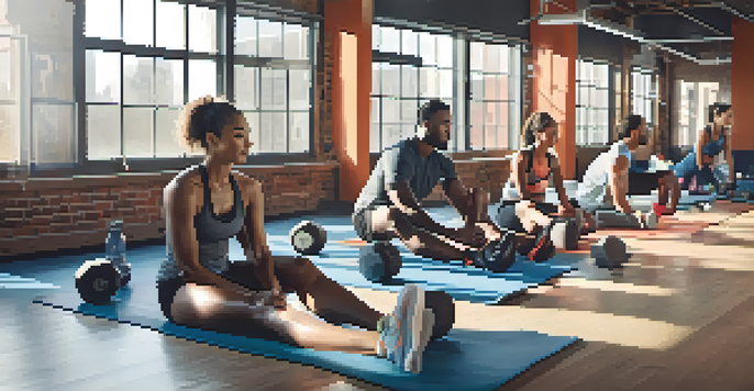 A diverse group of athletes performing various recovery techniques in a well-lit gym, showcasing their focused expressions and gym equipment.