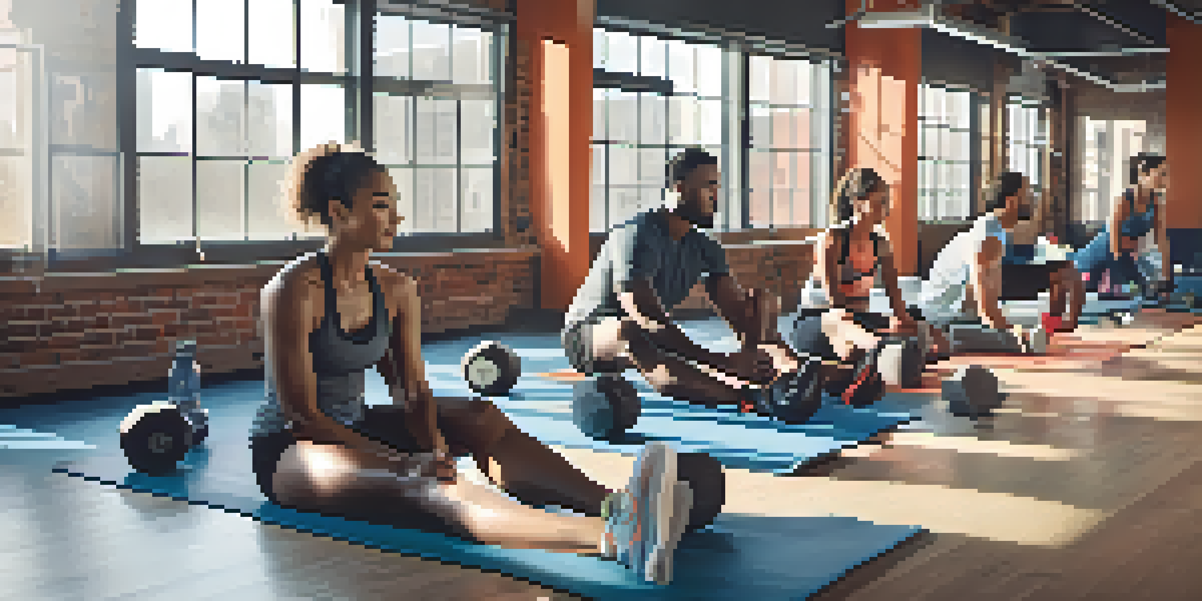A diverse group of athletes performing various recovery techniques in a well-lit gym, showcasing their focused expressions and gym equipment.