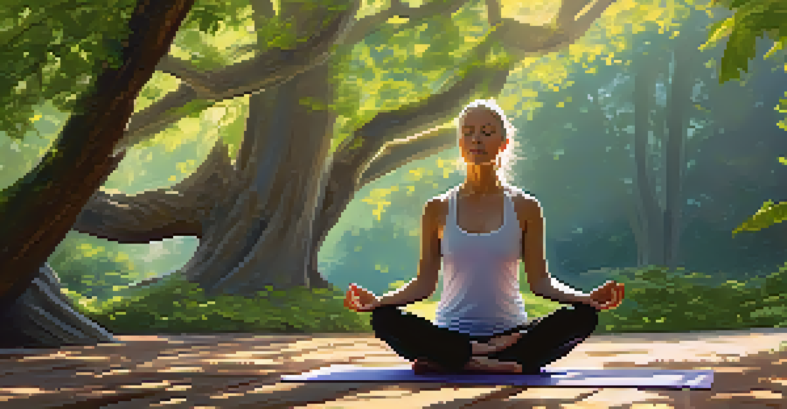 A person doing yoga outdoors in a serene setting, surrounded by greenery and soft sunlight.
