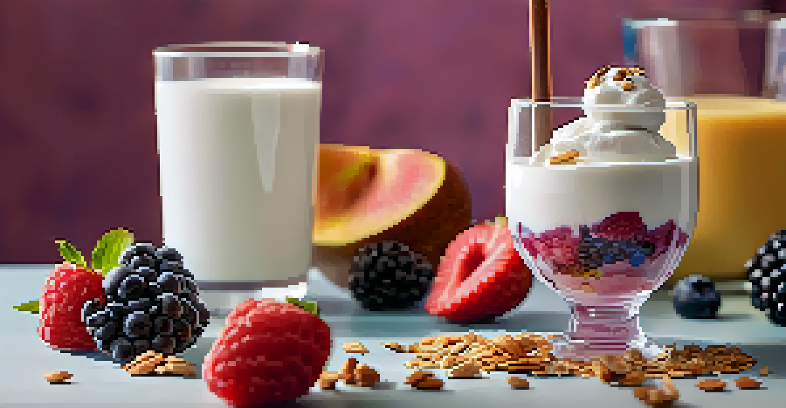 A close-up view of Greek yogurt with berries and granola, next to a protein shake in a glass, with a softly blurred background and warm lighting highlighting the textures.
