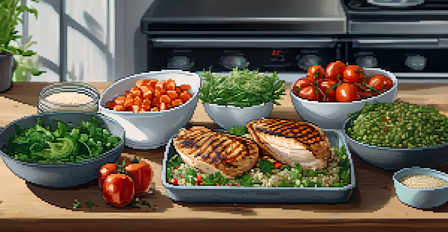 A well-arranged healthy meal featuring grilled chicken, quinoa, and vegetables on a wooden table.