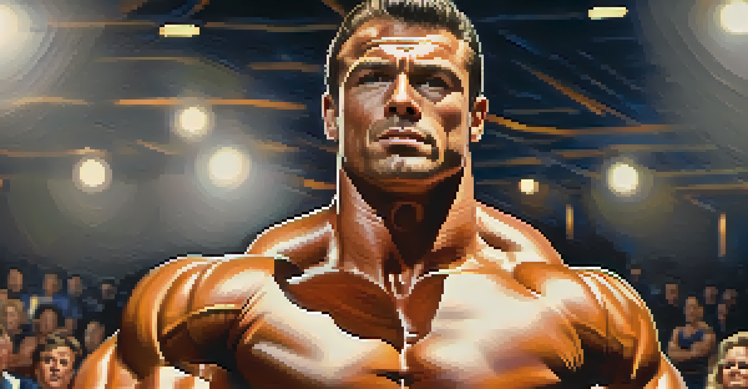 A close-up portrait of a muscular bodybuilder posing in competition with a blurred audience in the background.
