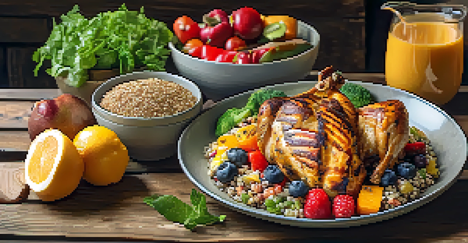 A healthy meal consisting of grilled chicken, quinoa, and fresh vegetables on a wooden table, showcasing the importance of nutrition.