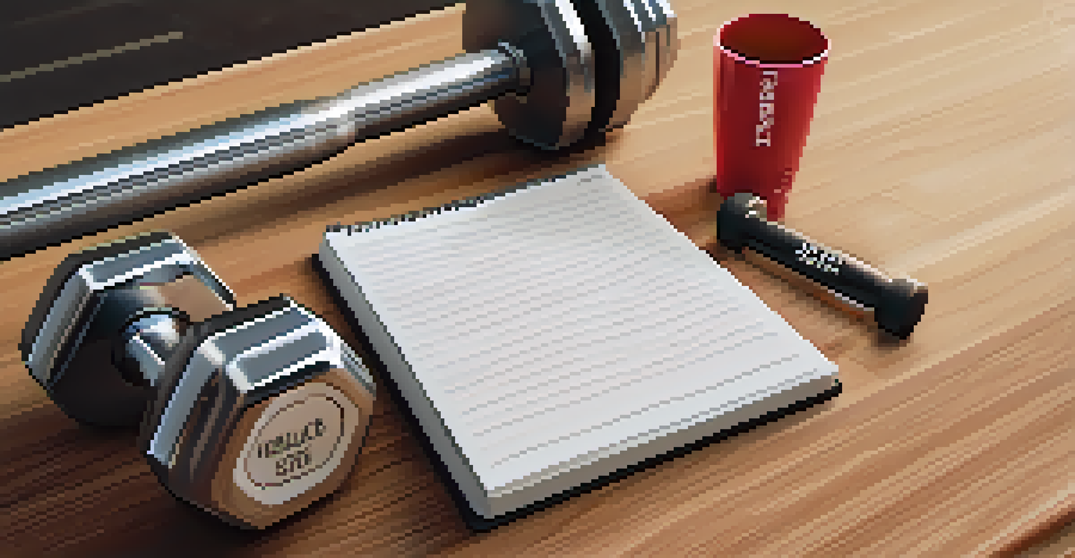 A close-up of a notebook with SMART fitness goals, a water bottle, and dumbbells on a gym bench.