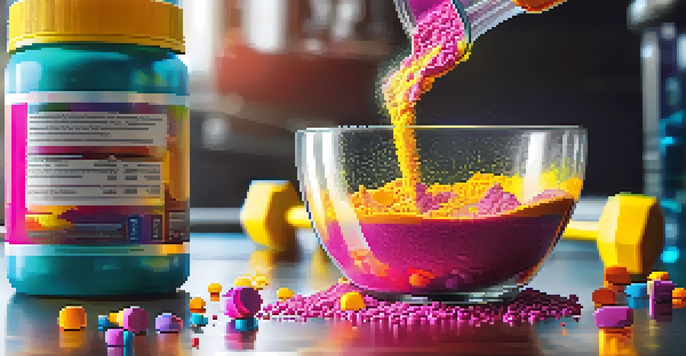 A close-up image of a colorful pre-workout supplement powder being poured into a glass, with gym equipment in the background.
